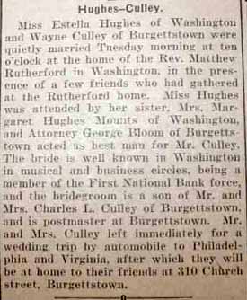 Marriage Notice for Wayne CULLEY to Estella Hughes, no date, in 10-29-1926 paper