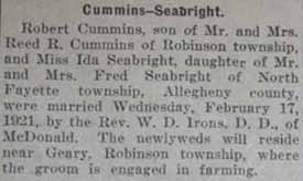 Marriage Notice for Robert CUMMINS to Ida Seabright, 17 Feb 1921