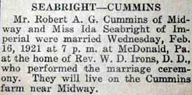 Marriage Notice for Robert CUMMINS to Ida Seabright, 17 Feb 1921