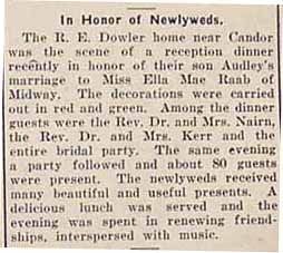 Marriage reception for Audley DOWLER to Miss Ella Mae RAAB, no date, paper 1-4-1924-record