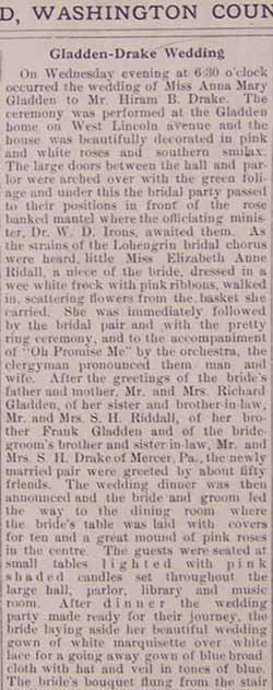 Marriage Notice for Hiram B. DRAKE to Miss Anna Mary GLADDEN, Weds.,no date, paper 
1-6-1911-record