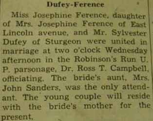 Marriage notice for 
Sylvester DUFFY to Josephine Ference, no date, in 10-15-1937 paper