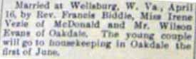 Marriage Notice for Wilson EVANS to Irene Vezie, 16 Apr 1908