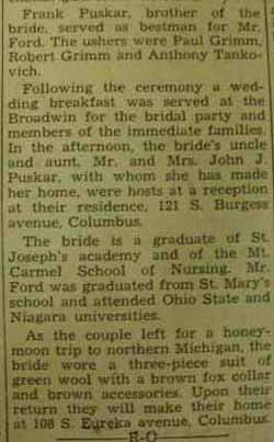 Part 1 Marriage Notice for  
Edwin FORD to Margaret Puskar, 4 Sep 1937