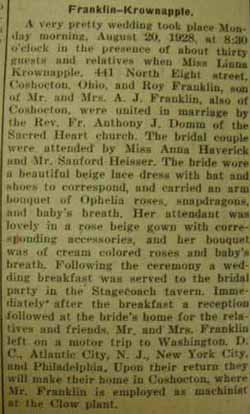 Marriage notice for 
Roy FRANKLIN to Linna Krownapple, 20 Aug 1928