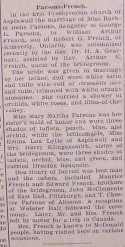 Wedding Announcement for William Arthur FRENCH to Rachel Belle Parsons, no date, in 9-13-1928 paper