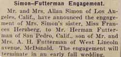 Engagement Notice for Murray Herman FUTTERMAN to Frances Herzberg (newspaper of 5 August 1927 engagement)