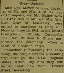 Marriage Notice for 
 Walter Weslie GRAY to Opal Mevey Armour, 16 Jun 1941