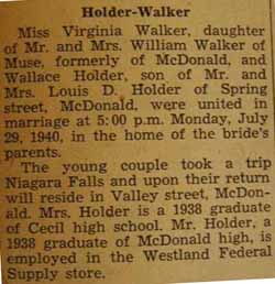 Marriage Notice for Wallace HOLDER to Virginia Walker, 29 Jul 1940