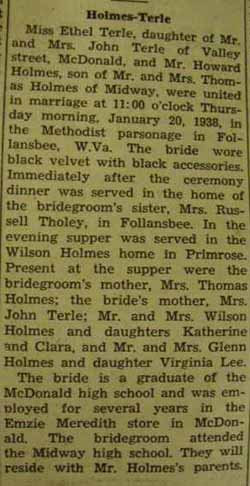 Marriage Notice for 
Howard HOLMES to Ethel Terle, 20 Jan 1938