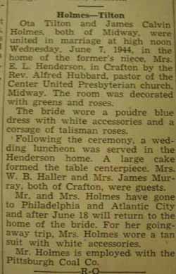 Marriage Notice for 
James Calvin HOLMES to Ota Tilton, 7 Jun 1944