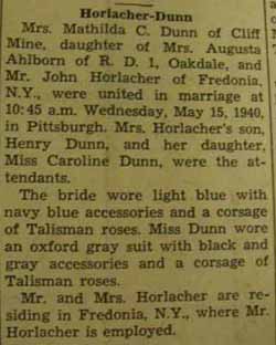 Marriage Notice for 
John HORLACHER to Mrs. Mathilda C. Dunn, 15 May 1940