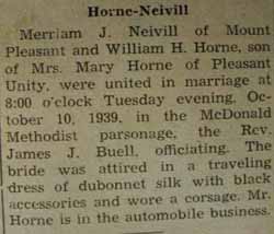 Marriage Notice for 
William H. HORNE to Merriam J. Neivill, 10 Oct 1939