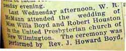 Marriage Notice for Robert HOUSTON to Willa Boyd, no date, in 8-9-1928 paper