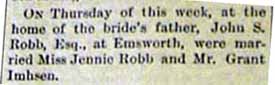 Marriage Notice for Grant IMHSEN to Jennie Robb, no date, in 7-28-1894 paper