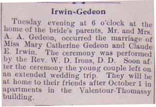 Marriage Notice for Claude E. IRWIN to Mary Catherine GEDEON, no date, in 9-18-1914 paper