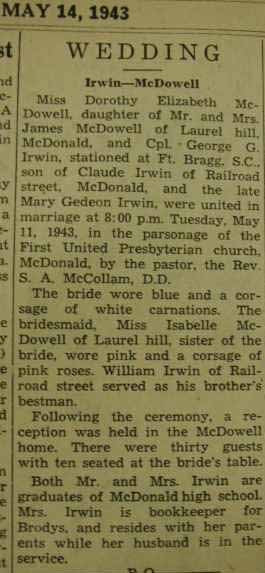 Marriage Notice for George G. IRWIN to Dorothy Elizabeth McDowell, 11 May 1943