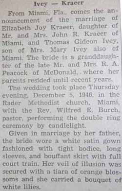 Part 1 Marriage Notice for Thomas Gideon IVEY to Elizabeth Joy Kraeer, 5 Dec 1946