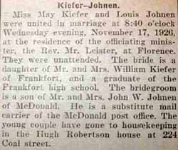 Marriage Notice for Louis JOHNEN to May Kiefer, 17 Nov 1926