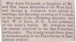 Marriage Notice for George JOHNSTON to Anna RICHARDS, last Saturday no date, April 1914, in April 24, 1914 paper