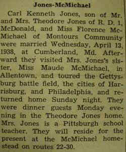 Marriage notice for 
        Carl Kenneth JONES to Florence McMichael, 13 Apr 1938