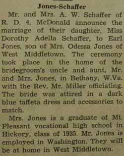 Marriage Notice for Earl JONES to Dorothy Adella Schaffer, no date, in 6-11-1937 paper