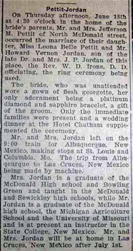 Marriage Notice for Howard Vernon JORDAN to Leona Belle Pettit, 18 Jun 1925