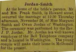 Marriage notice for Owen JORDAN to Margaret SMITH, 26 Nov 1914