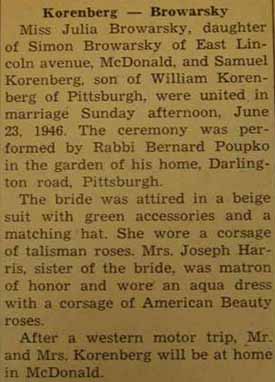 Marriage Notice for Samuel KORENBERG to Julia Browarsky, 23 Jun 1946