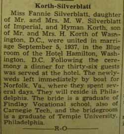 Marriage Notice for 
Hyman KORTH to Fannie Silverblatt, 5 Sep 1937