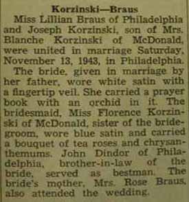 Marriage Notice for 
        Joseph KORZINSKI to Lillian Braus, 13 Nov 1943