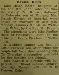 Marriage Notice for 
Paul KOVACH to Helen Kotek, 3 Jan 1944