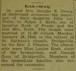 Marriage Notice for 
Ralph I. KREK to Julia LaVerne Orwig, 24 Jan 1944
