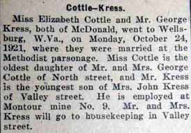 Marriage Notice for George KRESS to Elizabeth Cottle, 24 Oct 1921