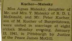 Marriage notice for 
Peter KUCHER to Agnes Malesky, 13 Jan 1941