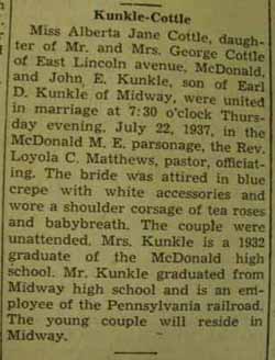 Marriage notice for 
John E. KUNKLE to Alberta Jane Cottle, 22 Jul 1937