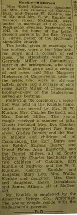 Marriage notice for 
George W. KUNKLE to Ethel Hickerson, 29 Sep 1943