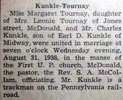 Marriage Notice for Charles KUNKLE to Margaret Tournay, 31 Aug 1938