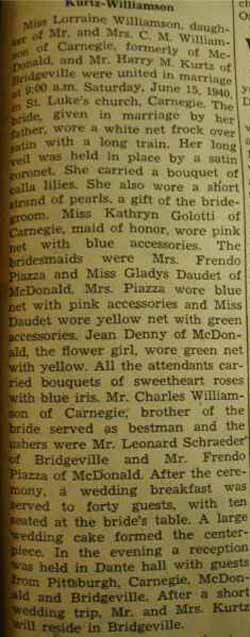 Marriage Notice for 
Harry M. KURTZ to Lorraine Williamson, 15 Jun 1940