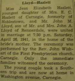 Marriage Notice for 
        John M. LLOYD to Jean Elizabeth Hazlett, 26 Apr 1941
