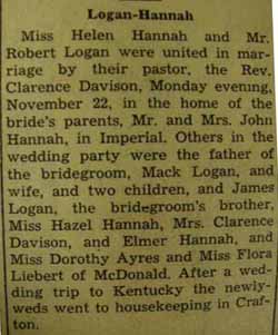 Marriage Notice for 
Robert LOGAN to Helen Hannah, 22 Nov 1937