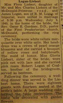 Part 1 Marriage Notice for James LOGAN to Flora Liebert, 3 Jul 1940