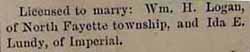 William H. LOGAN and Ida E. Lundy, marriage license, in Feb. 1892 newspaper