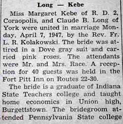 Part 1 Marriage Notice for Claude B. LONG to Margaret Kebe, 7 Apr 1947
