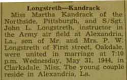 Marriage notice for 
John L. LONGSTRETH to Martha Kandrack, 31 May 1944