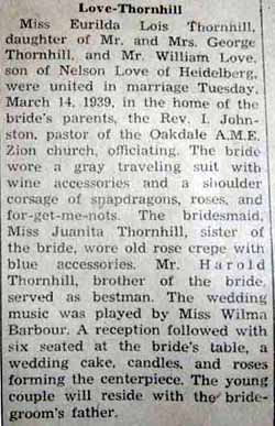 Marriage Notice for William LOVE to Eurilda Lois Thornhill, 14 Mar 1939