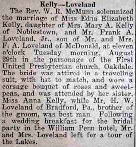 Marriage Notice for Frank A. LOVELAND, Jr. to Edna Elizabeth Kelly, 29 Aug 1922