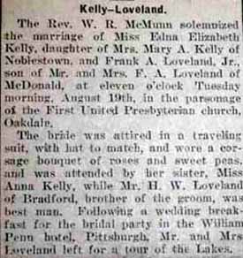 Marriage Notice for Frank A. LOVELAND, Jr. to Edna Elizabeth Kelly, 29 Aug 1922