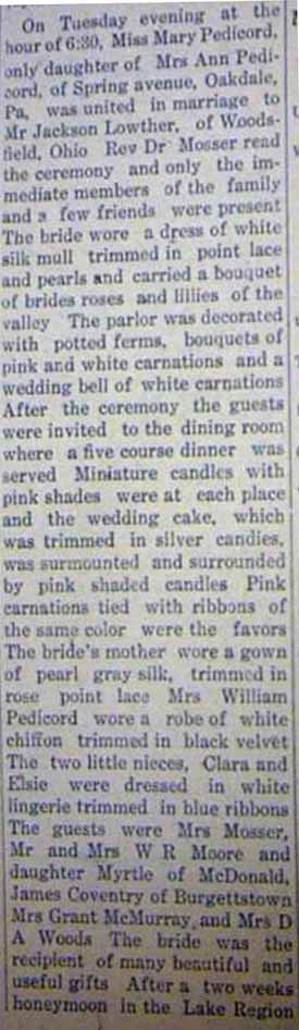 Marriage Notice for Jackson M. LOWTHER to Mary E. Pedicord, no date, in 11-29-1913 paper
