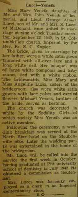 Marriage Notice for George Albert LUCCI to Mary Yencik, 22 Sep 1942